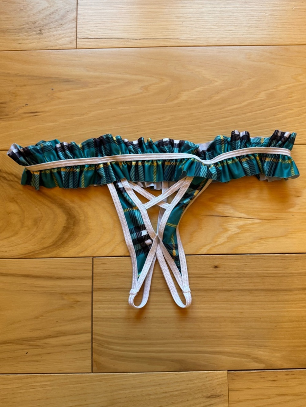 turquoise plaid schoolgirl crotchless thong